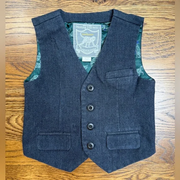 Monsoon Notting Hill W11 Navy/ Gray Vest w/ Green Fox Print Lining Sz 18-24 Mths - Picture 1 of 10